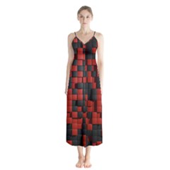 Black Red Tiles Checkerboard Button Up Chiffon Maxi Dress