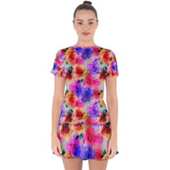 Floral Pattern Background Seamless Drop Hem Mini Chiffon Dress