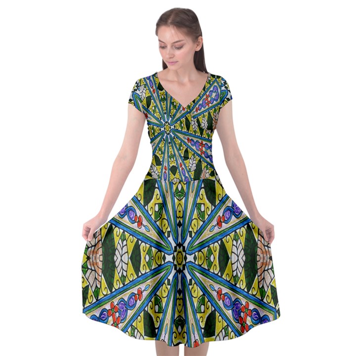 Kaleidoscope Background Cap Sleeve Wrap Front Dress