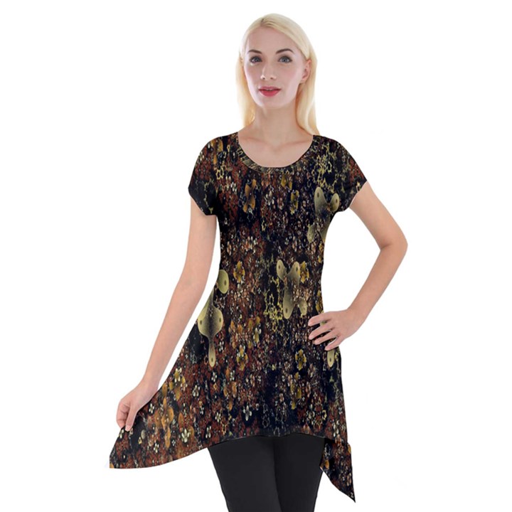 Wallpaper With Fractal Small Flowers Short Sleeve Side Drop Tunic