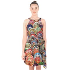 Colorful Oriental Bowls On Local Market In Turkey Halter Collar Waist Tie Chiffon Dress