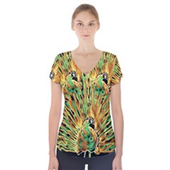 Unusual Peacock Drawn With Flame Lines Short Sleeve Front Detail Top by BangZart