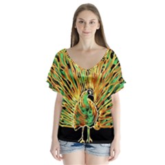 Unusual Peacock Drawn With Flame Lines Flutter Sleeve Top by BangZart