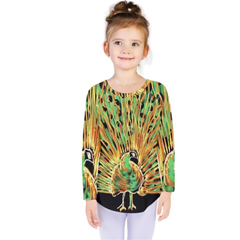 Unusual Peacock Drawn With Flame Lines Kids  Long Sleeve Tee by BangZart