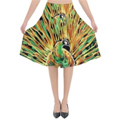 Unusual Peacock Drawn With Flame Lines Flared Midi Skirt