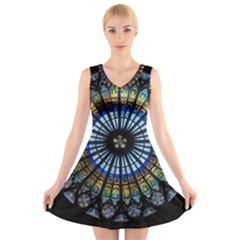 Stained Glass Rose Window In France s Strasbourg Cathedral V-neck Sleeveless Skater Dress by BangZart