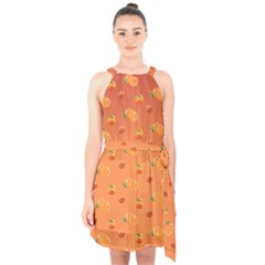 Peach Fruit Pattern Halter Collar Waist Tie Chiffon Dress