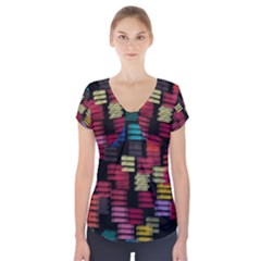 Colorful Horizontal Paint Strokes                            Short Sleeve Front Detail Top by LalyLauraFLM