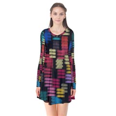 Colorful Horizontal Paint Strokes                        Long Sleeve V-neck Flare Dress by LalyLauraFLM