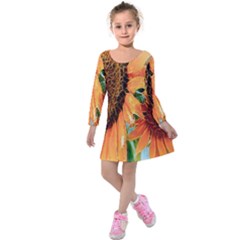 Sunflower Art  Artistic Effect Background Kids  Long Sleeve Velvet Dress by BangZart