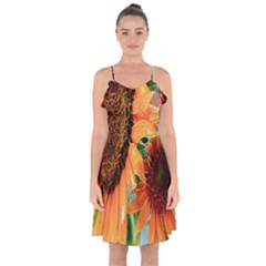 Sunflower Art  Artistic Effect Background Ruffle Detail Chiffon Dress