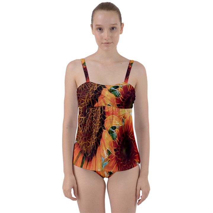 Sunflower Art  Artistic Effect Background Twist Front Tankini Set