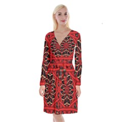 Fractal Wallpaper With Red Tangled Wires Long Sleeve Velvet Front Wrap Dress by BangZart