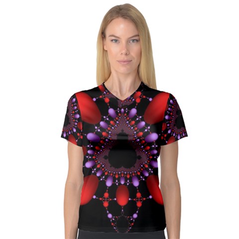 Fractal Red Violet Symmetric Spheres On Black V-neck Sport Mesh Tee by BangZart