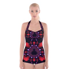 Fractal Red Violet Symmetric Spheres On Black Boyleg Halter Swimsuit  by BangZart