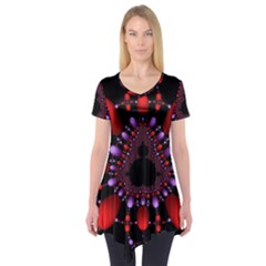 Fractal Red Violet Symmetric Spheres On Black Short Sleeve Tunic  by BangZart