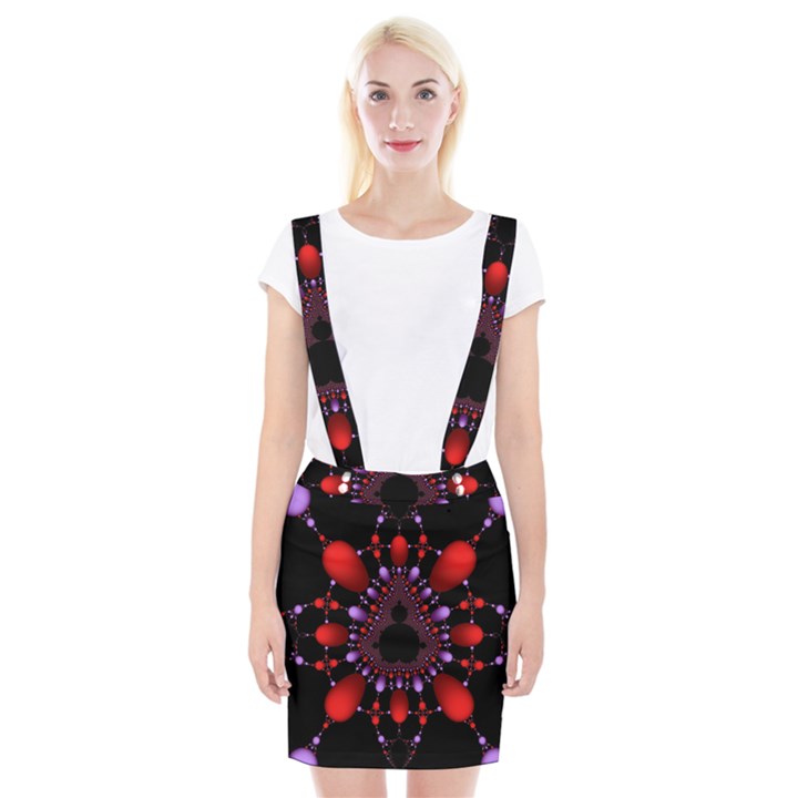 Fractal Red Violet Symmetric Spheres On Black Braces Suspender Skirt