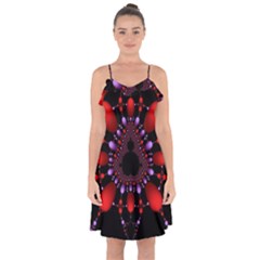 Fractal Red Violet Symmetric Spheres On Black Ruffle Detail Chiffon Dress