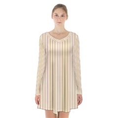 Stripes Pink And Green  Line Pattern Long Sleeve Velvet V-neck Dress by paulaoliveiradesign