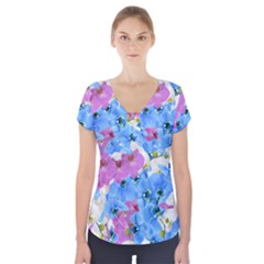 Tulips Flower Pattern Short Sleeve Front Detail Top by paulaoliveiradesign