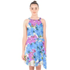 Tulips Flower Pattern Halter Collar Waist Tie Chiffon Dress