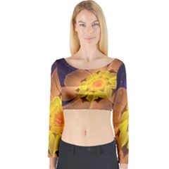 Beautiful Violet & Peach Primrose Fractal Flowers Long Sleeve Crop Top by jayaprime