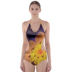 Beautiful Violet & Peach Primrose Fractal Flowers Cut-out One Piece Swimsuit by jayaprime