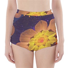 Beautiful Violet & Peach Primrose Fractal Flowers High-waisted Bikini Bottoms by jayaprime