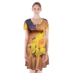 Beautiful Violet & Peach Primrose Fractal Flowers Short Sleeve V-neck Flare Dress by jayaprime