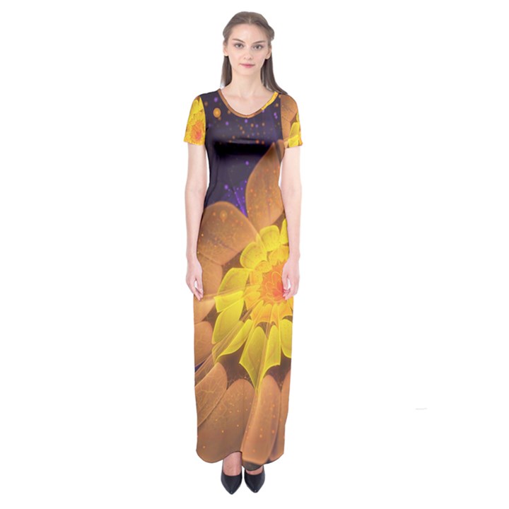 Beautiful Violet & Peach Primrose Fractal Flowers Short Sleeve Maxi Dress