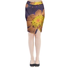 Beautiful Violet & Peach Primrose Fractal Flowers Midi Wrap Pencil Skirt by jayaprime