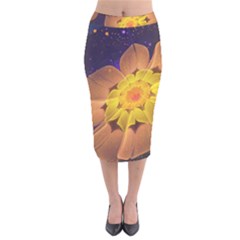 Beautiful Violet & Peach Primrose Fractal Flowers Velvet Midi Pencil Skirt by jayaprime