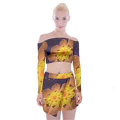 Beautiful Violet & Peach Primrose Fractal Flowers Off Shoulder Top With Skirt Set by jayaprime