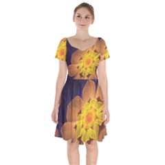 Beautiful Violet & Peach Primrose Fractal Flowers Short Sleeve Bardot Dress