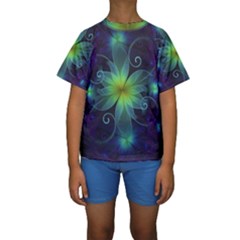 Blue And Green Fractal Flower Of A Stargazer Lily Kids  Short Sleeve Swimwear by jayaprime