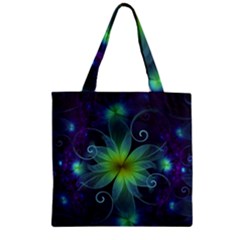 Blue And Green Fractal Flower Of A Stargazer Lily Zipper Grocery Tote Bag by jayaprime