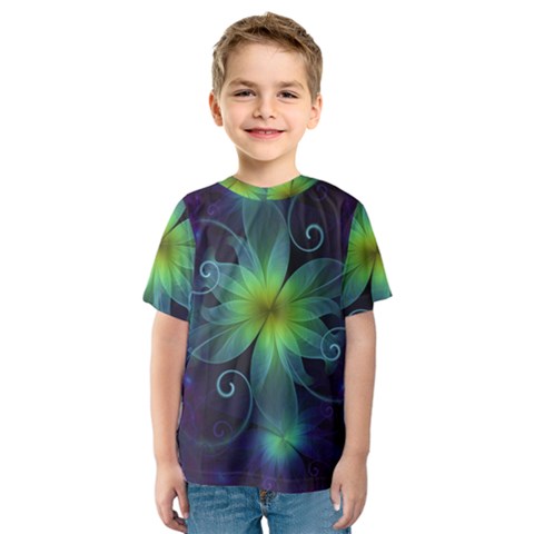 Blue And Green Fractal Flower Of A Stargazer Lily Kids  Sport Mesh Tee by jayaprime