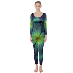 Blue And Green Fractal Flower Of A Stargazer Lily Long Sleeve Catsuit by jayaprime