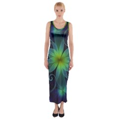 Blue And Green Fractal Flower Of A Stargazer Lily Fitted Maxi Dress by jayaprime