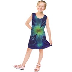 Blue And Green Fractal Flower Of A Stargazer Lily Kids  Tunic Dress by jayaprime