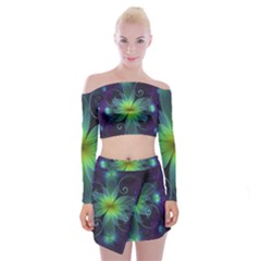 Blue And Green Fractal Flower Of A Stargazer Lily Off Shoulder Top With Skirt Set by jayaprime