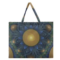 Beautiful Orange & Blue Fractal Sunflower Of Egypt Zipper Large Tote Bag by jayaprime