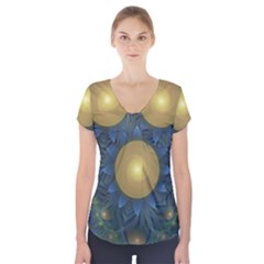 Beautiful Orange & Blue Fractal Sunflower Of Egypt Short Sleeve Front Detail Top by jayaprime