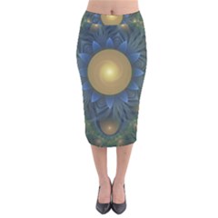 Beautiful Orange & Blue Fractal Sunflower Of Egypt Velvet Midi Pencil Skirt by jayaprime