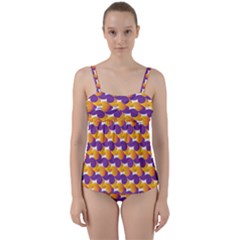 Purple And Yellow Abstract Pattern Twist Front Tankini Set