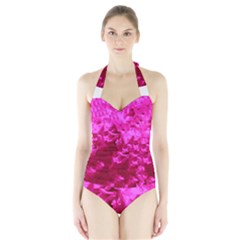 Hot Pink Floral Pattern Halter Swimsuit by paulaoliveiradesign