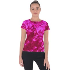 Hot Pink Floral Pattern Short Sleeve Sports Top  by paulaoliveiradesign