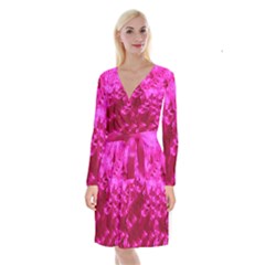 Hot Pink Floral Pattern Long Sleeve Velvet Front Wrap Dress by paulaoliveiradesign