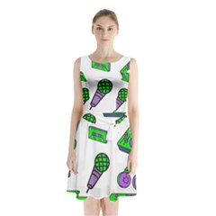 Green Music Pattern Sleeveless Waist Tie Chiffon Dress by TheLimeGreenFlamingo