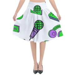 Green Music Pattern Flared Midi Skirt